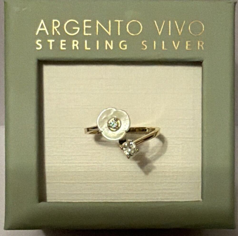 NIB Argento Vivo Gold Plated Solid Sterling Silver Flower CZ Sizable Ring